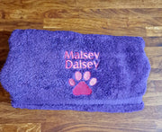 Personalised embroidered dog towel purple